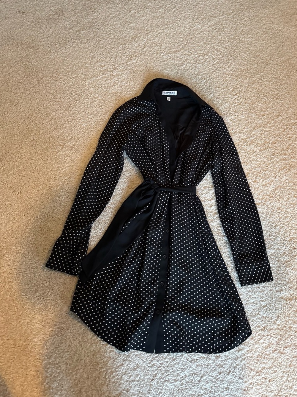 EUC Express Long-Sleeve Black and White Polka Dot Shirt Dress - Picture 2 of 7